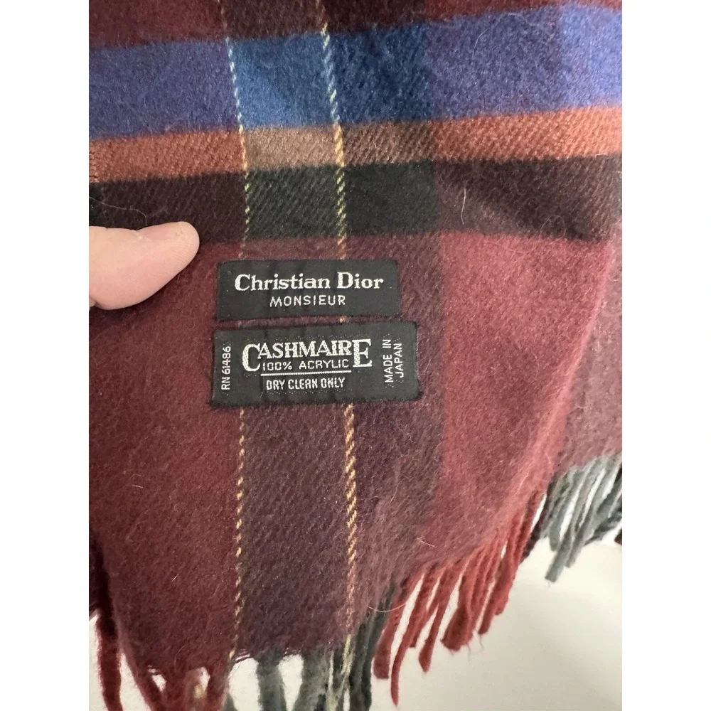Vintage Christian Dior Monsieur Scarf Plaid  Cashmaire Acrylic Japan Red Blue